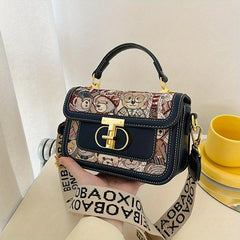 Bear Embroidery Square Handbag Crossbody Bag Vintage Flap Purse Women