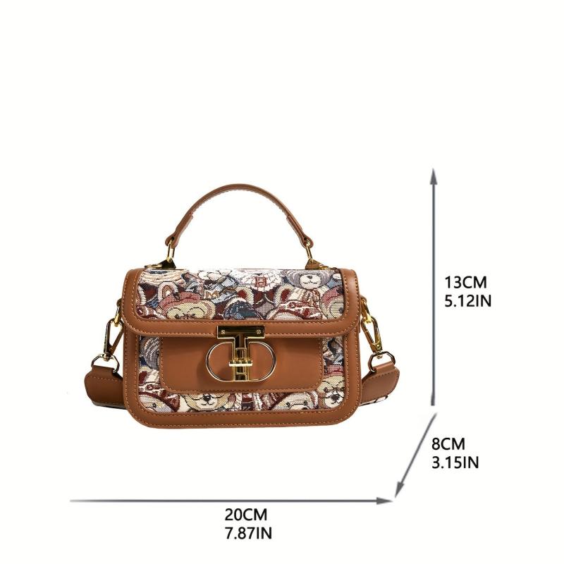 Bear Embroidery Square Handbag Crossbody Bag Vintage Flap Purse Women