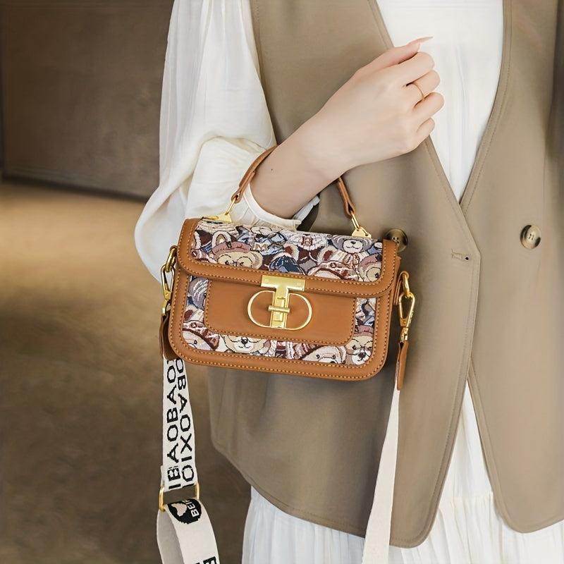 Bear Embroidery Square Handbag Crossbody Bag Vintage Flap Purse Women