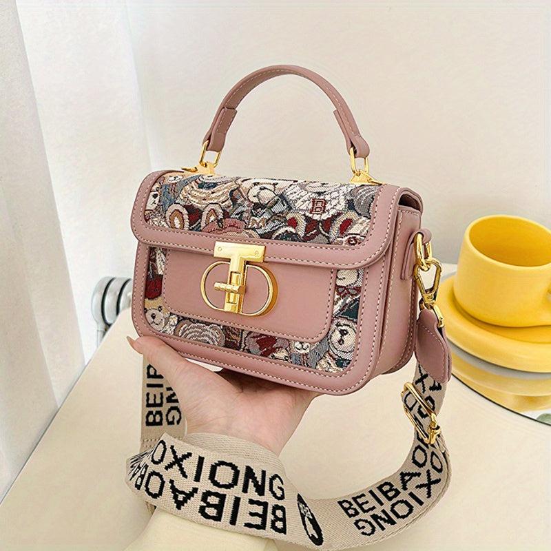 Bear Embroidery Square Handbag Crossbody Bag Vintage Flap Purse Women