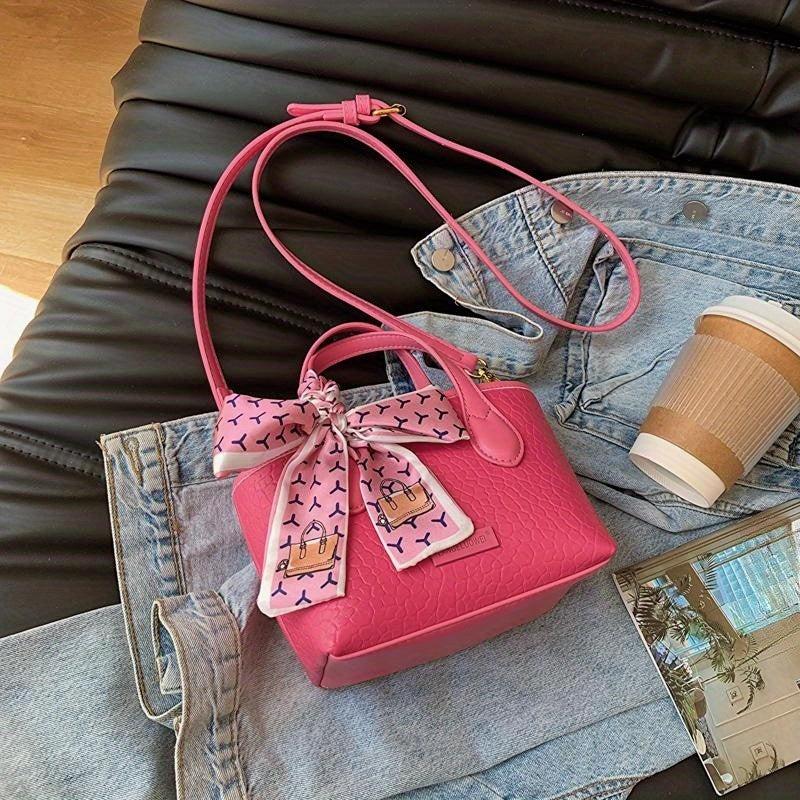 Minimalist Lychee Pattern Shoulder Bag with Scarf Decor