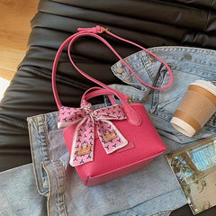 Minimalist Lychee Pattern Shoulder Bag with Scarf Decor