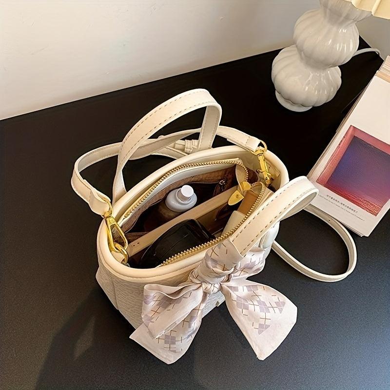 Minimalist Lychee Pattern Shoulder Bag with Scarf Decor