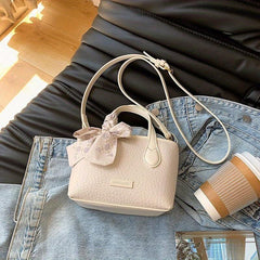 Minimalist Lychee Pattern Shoulder Bag with Scarf Decor