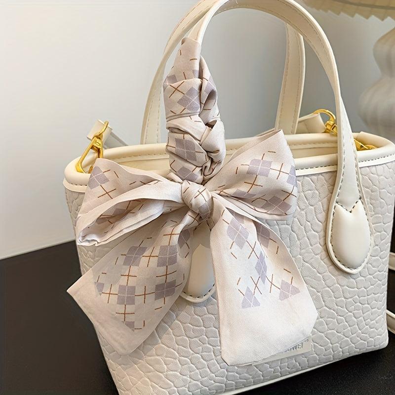 Minimalist Lychee Pattern Shoulder Bag with Scarf Decor