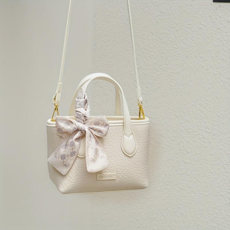 Minimalist Lychee Pattern Shoulder Bag with Scarf Decor