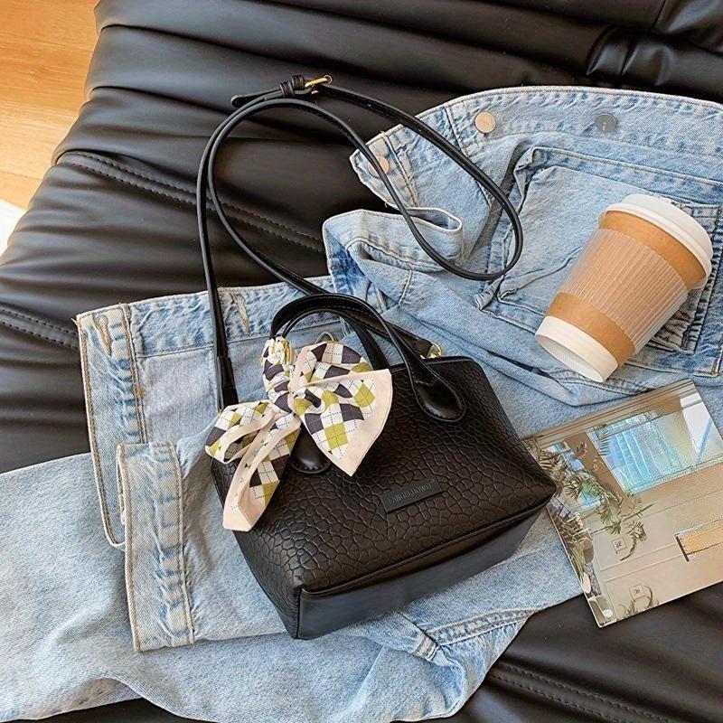 Minimalist Lychee Pattern Shoulder Bag with Scarf Decor
