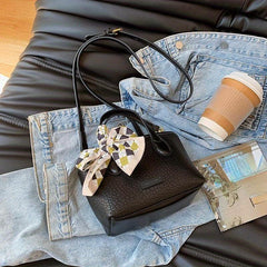 Minimalist Lychee Pattern Shoulder Bag with Scarf Decor