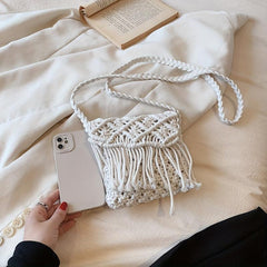 Hand Woven Tassel Crossbody Bag Boho Style Hollow Out Crochet Bag