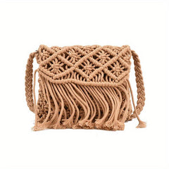 Hand Woven Tassel Crossbody Bag Boho Style Hollow Out Crochet Bag