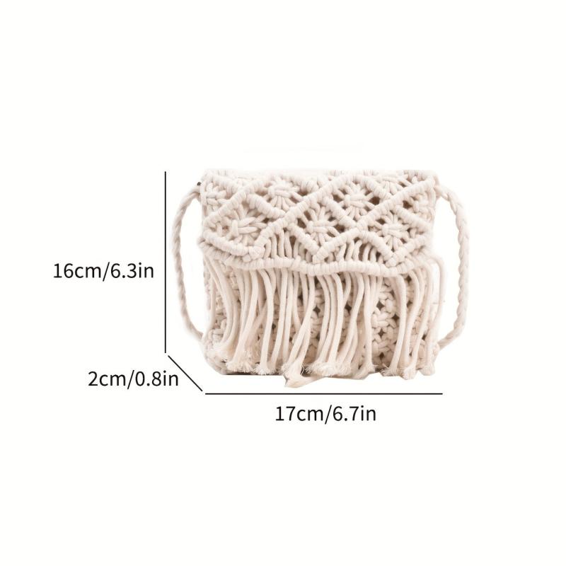 Hand Woven Tassel Crossbody Bag Boho Style Hollow Out Crochet Bag