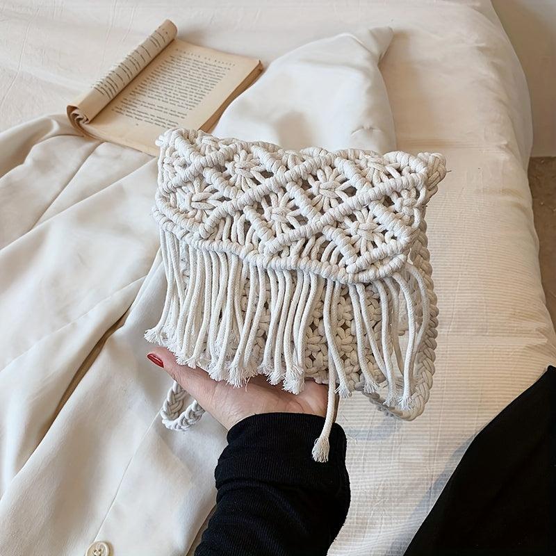 Hand Woven Tassel Crossbody Bag Boho Style Hollow Out Crochet Bag
