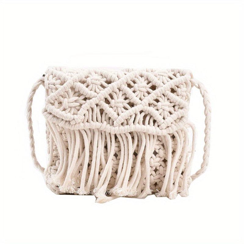 Hand Woven Tassel Crossbody Bag Boho Style Hollow Out Crochet Bag