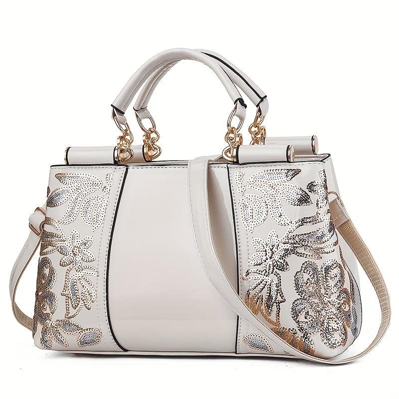 Sequins Embroidery Handbag For Women Patent Leather Tote Bag