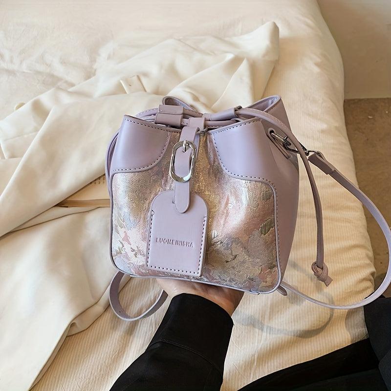 Mini Purple Pink Bucket Bag Fairy Floral Jacquard Crossbody Bag