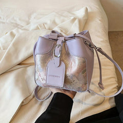 Mini Purple Pink Bucket Bag Fairy Floral Jacquard Crossbody Bag