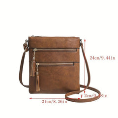Vintage Tassel Crossbody Bag Square Purse Zipper Shoulder Bag