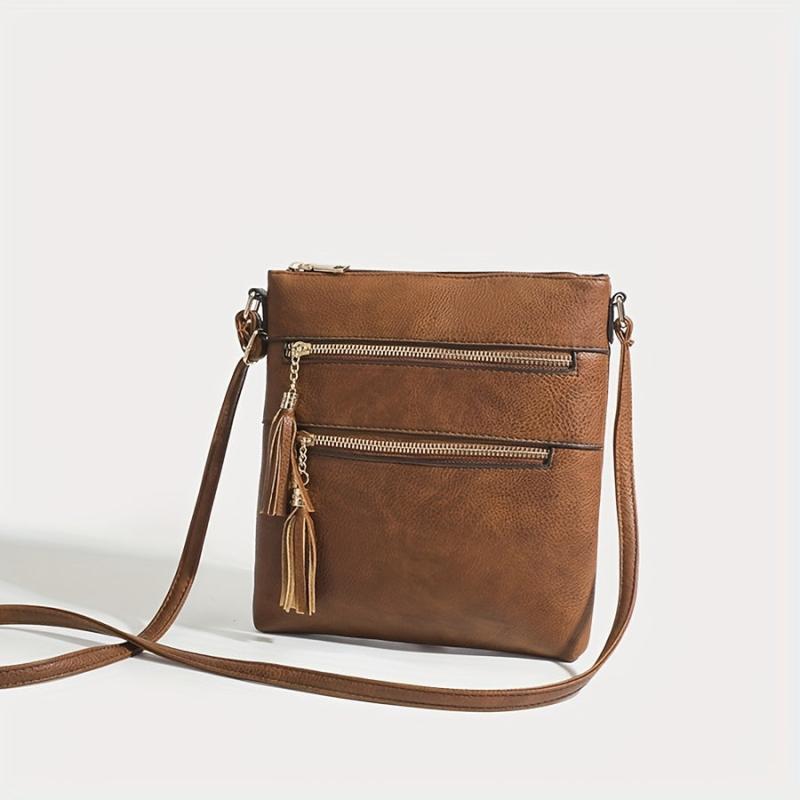 Vintage Tassel Crossbody Bag Square Purse Zipper Shoulder Bag