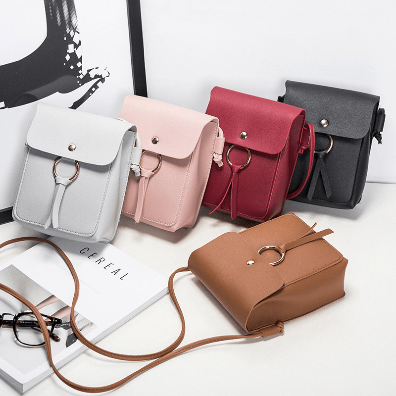 Solid Ring Mini Crossbody Bag PU Leather Casual Shoulder Bag
