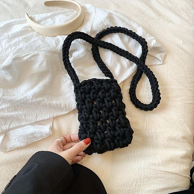 Mini Crochet Crossbody Bag for Women Solid Color Knitted Phone Bag