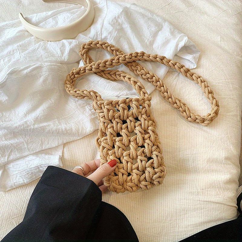 Mini Crochet Crossbody Bag for Women Solid Color Knitted Phone Bag