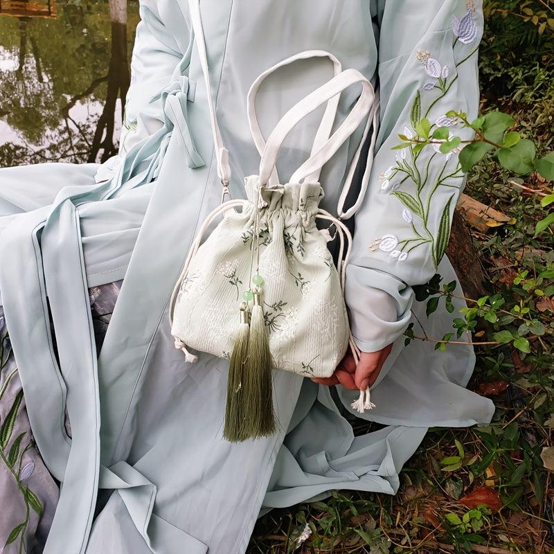 Bamboo Embroidery Canvas Handbag Tassel Decor Crossbody Bag