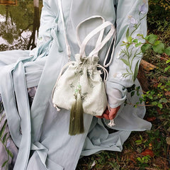 Bamboo Embroidery Canvas Handbag Tassel Decor Crossbody Bag