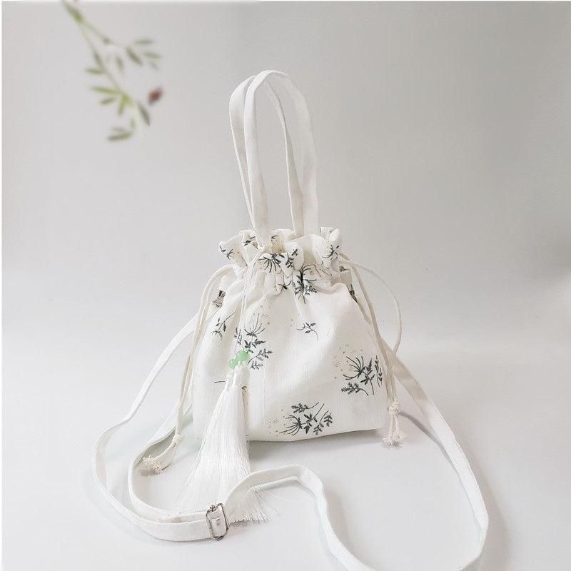 Bamboo Embroidery Canvas Handbag Tassel Decor Crossbody Bag