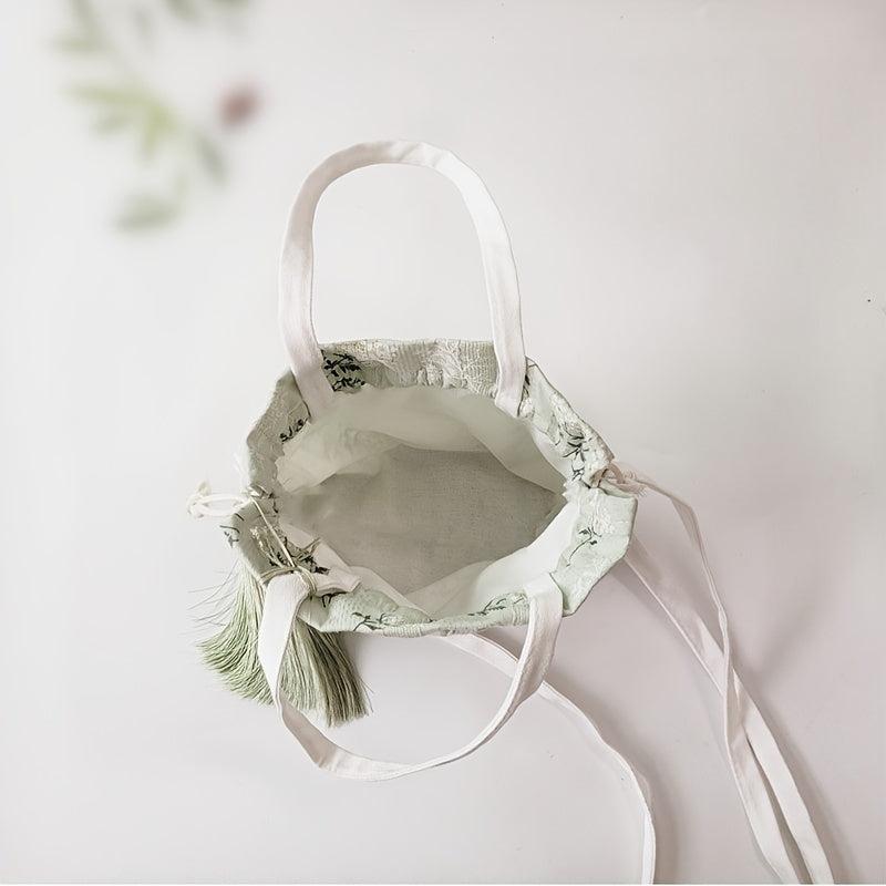 Bamboo Embroidery Canvas Handbag Tassel Decor Crossbody Bag