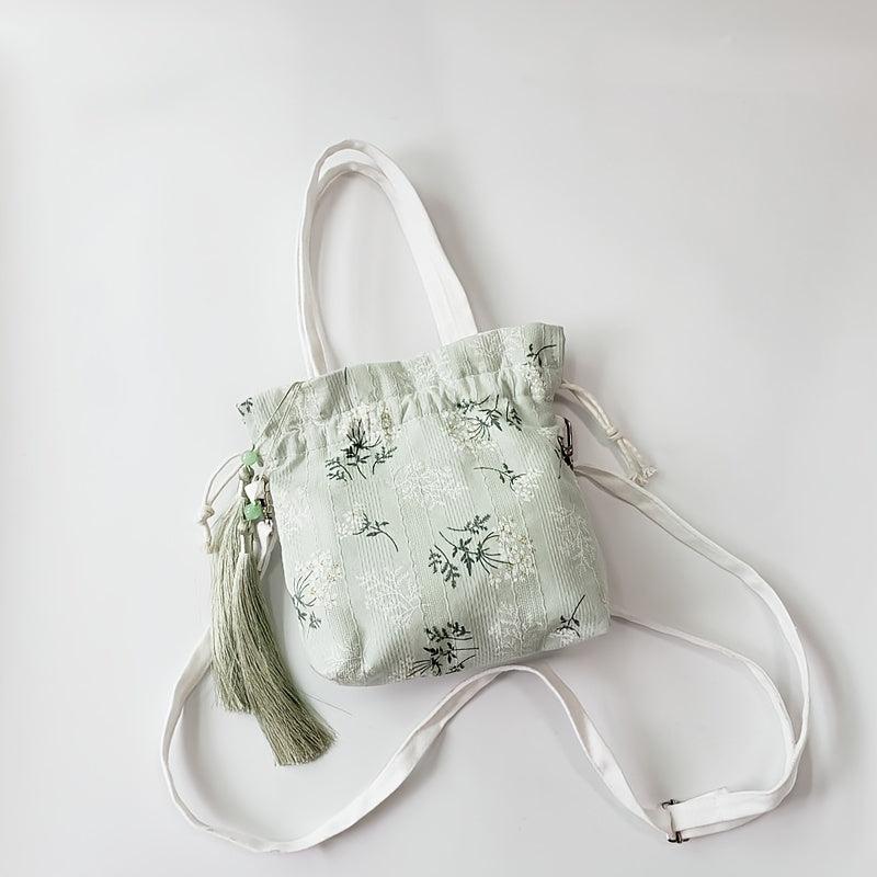 Bamboo Embroidery Canvas Handbag Tassel Decor Crossbody Bag