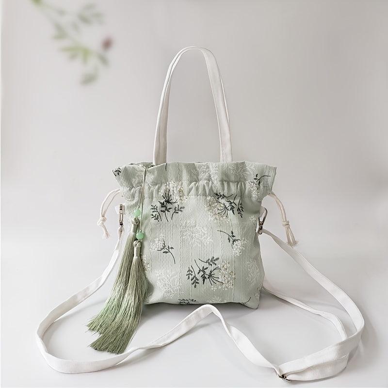 Bamboo Embroidery Canvas Handbag Tassel Decor Crossbody Bag