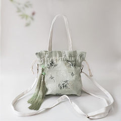 Bamboo Embroidery Canvas Handbag Tassel Decor Crossbody Bag