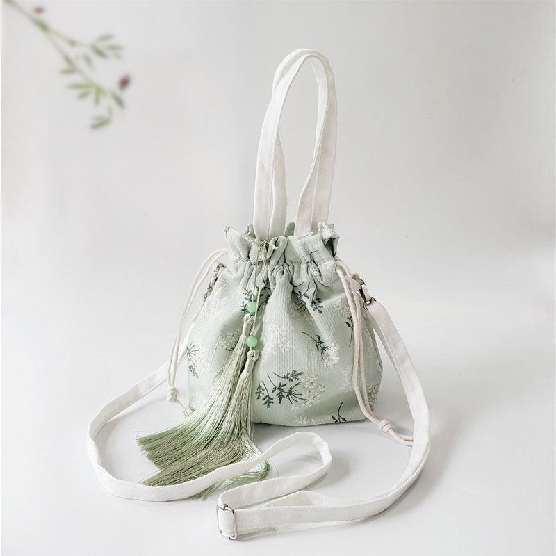 Bamboo Embroidery Canvas Handbag Tassel Decor Crossbody Bag