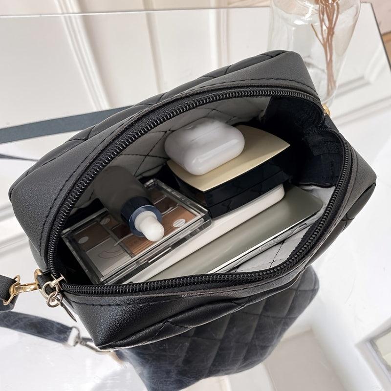 Quilted Crossbody Bag Tassel Square Zipper Purse PU Leather Shoulder Bag
