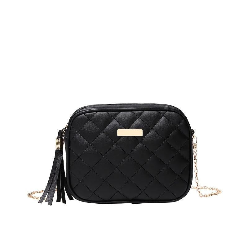 Quilted Crossbody Bag Tassel Square Zipper Purse PU Leather Shoulder Bag
