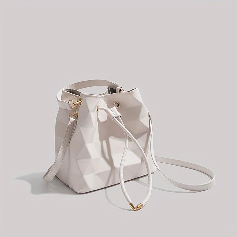 Geometric Embossed Portable Bucket Bag Solid Drawstring Shoulder Bag