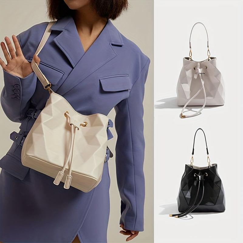 Geometric Embossed Portable Bucket Bag Solid Drawstring Shoulder Bag