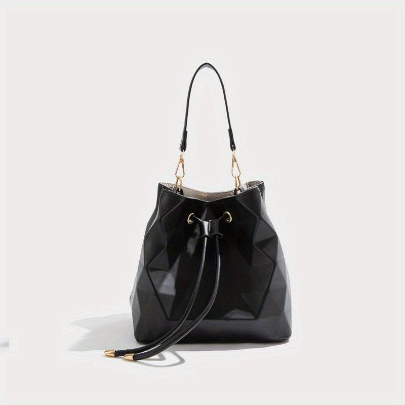 Geometric Embossed Portable Bucket Bag Solid Drawstring Shoulder Bag