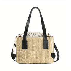 Straw Woven Tote Bag Beach Drawstring Handbag Women's Crossbody & Shoulder Purse