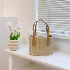 Straw Woven Tote Bag Beach Drawstring Handbag Women's Crossbody & Shoulder Purse