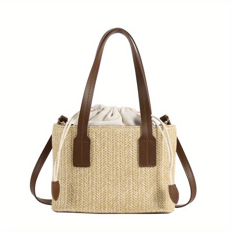 Straw Woven Tote Bag Beach Drawstring Handbag Women's Crossbody & Shoulder Purse