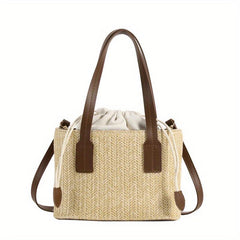 Straw Woven Tote Bag Beach Drawstring Handbag Women's Crossbody & Shoulder Purse
