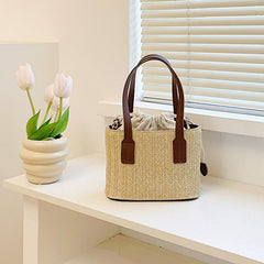Straw Woven Tote Bag Beach Drawstring Handbag Women's Crossbody & Shoulder Purse