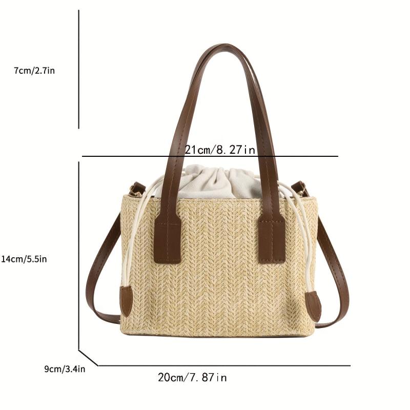 Straw Woven Tote Bag Beach Drawstring Handbag Women's Crossbody & Shoulder Purse