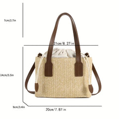 Straw Woven Tote Bag Beach Drawstring Handbag Women's Crossbody & Shoulder Purse