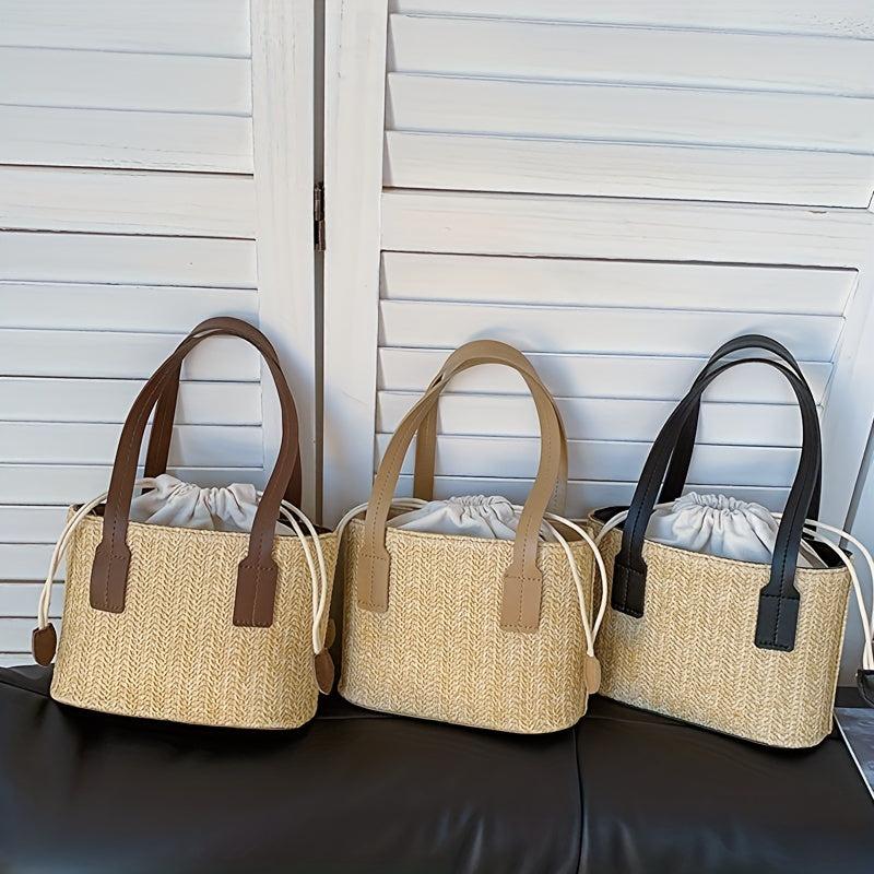 Straw Woven Tote Bag Beach Drawstring Handbag Women's Crossbody & Shoulder Purse