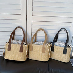 Straw Woven Tote Bag Beach Drawstring Handbag Women's Crossbody & Shoulder Purse