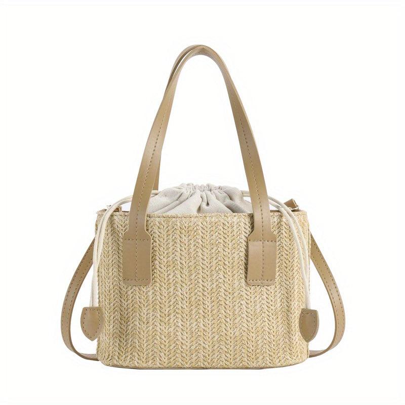 Straw Woven Tote Bag Beach Drawstring Handbag Women's Crossbody & Shoulder Purse