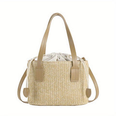 Straw Woven Tote Bag Beach Drawstring Handbag Women's Crossbody & Shoulder Purse