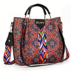 Vintage Flower Print Handbag Set Ethnic Style Shoulder Bag With Clutch